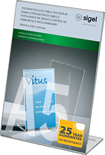 SIGEL TA212 Expositor de mesa inclinado, 21,5x15x6,5 cm (para A5 vertical) | para mostrador, restauración, oficina, boda, etc | resistente a los rayos UV, acrilico, transparente, 1 pieza