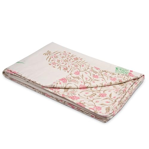 Image of HUESLAND 100% Cotton Reversible Dohar Toddler Size | Soft Cambric Weave, All Weather Light Comforter AC Quilt | Infants-New Born Blanket | 41 x 55 inches, Botanical Fusion - Ivory, Brown & Pink