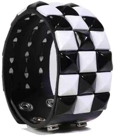 Black White Punk Genuine Leather Bracelet Cuff with Spikes Studs Rivets - Adjustable Metal Wristband for Men Women, Gothic Halloween Accessories