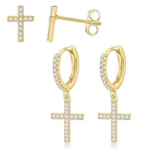 EARFULL 18K Gold Plated Cross Hoop Earrings & Small Cross Stud Cz Earrings for Women Men, 2 Pair Set