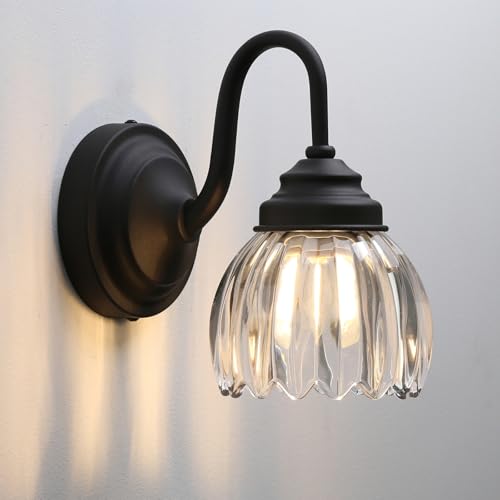 Image of Phansthy Vintage Brass Boho Wall Sconce, Hardwired Wall Light with Tulip Glass Lampshade, Brass Vanity Lamp Modern Wall Lighting Fixtures for Bedroom, Living Room, Hallway (Black + Clear Shade)