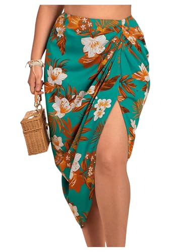 Floerns Women's Plus Size Tropical Ruched Slit Skirt High Waist Beach Midi Skirts