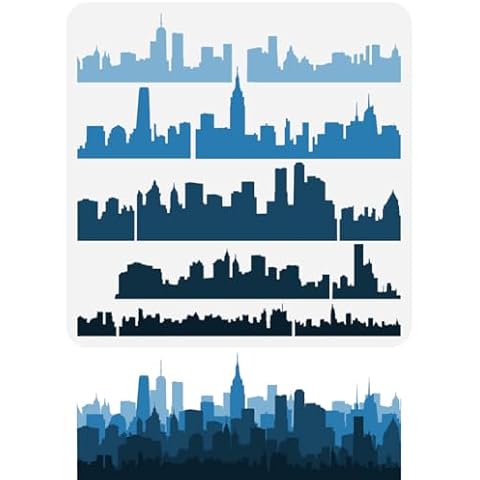 FINGERINSPIRE City Skyline Stencil 11.8x11.8 inch Layered City Silhouette Stencil Plastic City Buildings Scape Patterns Stencil Template Reusable DIY Art and Craft Stencil for Painting Home Wall Decor Cover