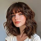Lativ Brown Wigs with Bangs Bob Curly Wavy Highlight Hair with Dark Roots Short Wig for Women Natural Synthetic Fiber Shoulder Length for Cosplay Daily Use