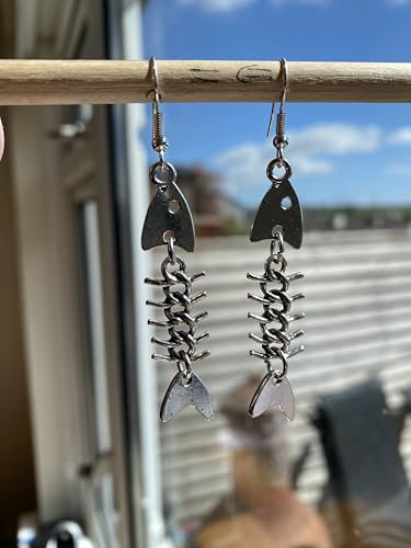 Charm Buddy Fish Bones Drop Dangle Earrings for Women Girls Fish Hook Fishing Jewellery Gifts for Her (1. Silver-Fish) - Image 3