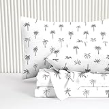 Wake In Cloud - Coastal Bed Sheets, 4-Piece Sheet Set, Boho Summer Beach Tropical Plants Palm Coconut Trees Pattern Printed Bedding, Deep Pocket, Grey White, Twin Size