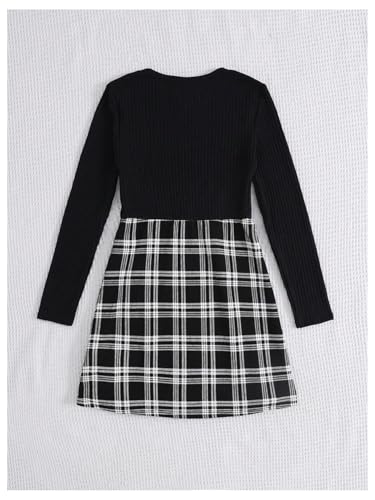 Girl's Plaid Print Button Front Mini Dress Crew Neck Long Sleeve Ribbed Knit Dresses2