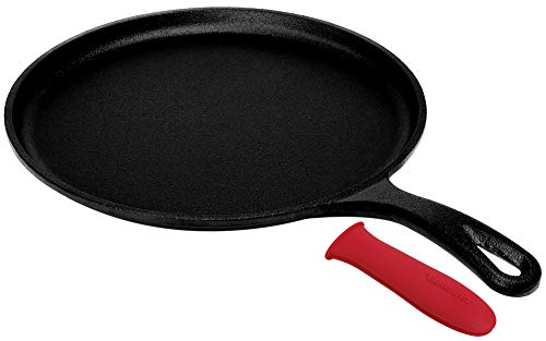 Cast Iron Round Griddle – 10.5” Pan - Pre-Seasoned Skillet with Silicone Handle