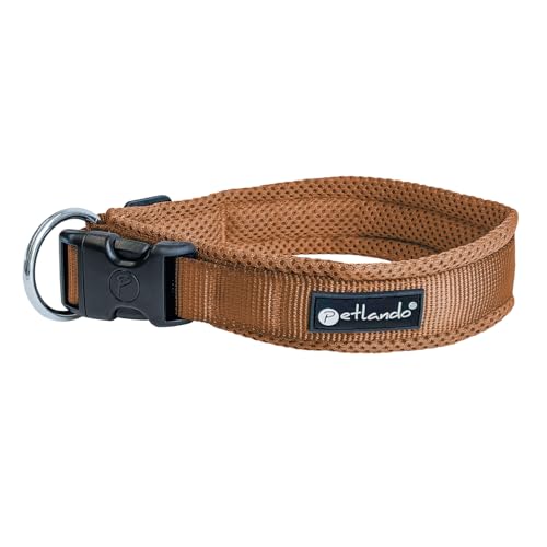 Petlando Hundehalsband atmungsaktiv aus weichem Mesh, stufenlos verstellbar, langlebig & robust, Farbe Cognac, Größe M (45-50 cm, Breite 4 cm), Halsband Hund gepolstert
