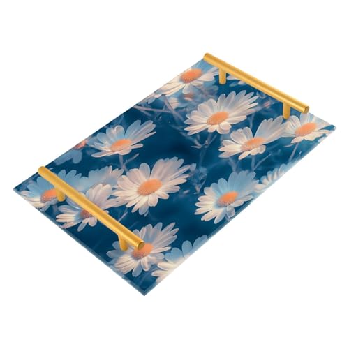 Wassud Bathroom Vanity Tray with Handles Elegant Daisies Acrylic Jewelry Perfume Organizer for Bathroom Kitchen Counter 11.81
