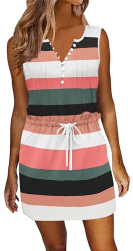 Image of ETCYY Womens Summer Casual Dresses Sleeveless Beach Vacation Sundresses Drawstring Waist Short Striped Dress with Pockets