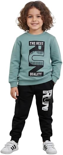 FABOZA Kid's Cotton Blend Solid Round Neck Full Sleeve T-Shirt &amp; Jogger Track Pant Set for Boys