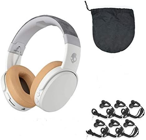 Skull Candy Crusher Blue Tooth Over-Ear Headphone w/Microphone Noise Isolating Memory Foam Adjustable Haptic Bass, Rapid Charge, Gray/Tan w Travel Bag and Bonus 6 Pairs Generic Wired Black Earbuds