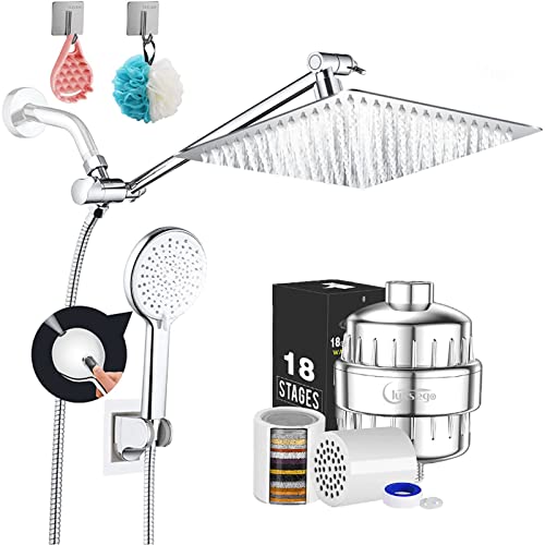 Luxsego High Pressure Shower Head Combo with Handheld Spray and 18 Stage Shower Filter bundle, 10'' Stainless Steel Showerheads with 11'' Extension Arm, Hard Water Filter to Remove Chlorine