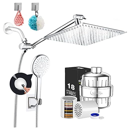 Luxsego High Pressure Shower Head Combo with Handheld Spray and 18 Stage Shower Filter bundle, 10'' Stainless Steel Showerheads with 11'' Extension Arm, Hard Water Filter to Remove Chlorine