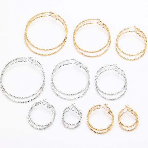 5/10 Pairs Stainless Steel Hoop Earrings for Women Hypoallergenic Large Small 14K Gold Starry Sky Filigree Hoops Silver Hoop Earring Pack Lightweight Fashion Earrings Set4