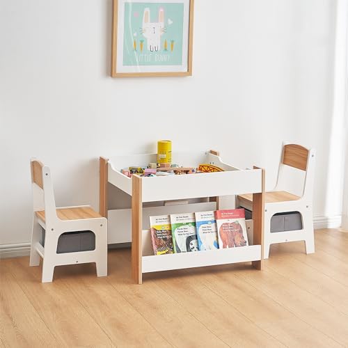 Asweets Kids Table and Chair Set,4 in 1 Toddler Desk with Storage Drawer,Wooden Activity Table for 2 in 1 Detachable Tabletop,Bookshelf,Suitable for Classroom,Home,Nursery,Playroom (Natural White)