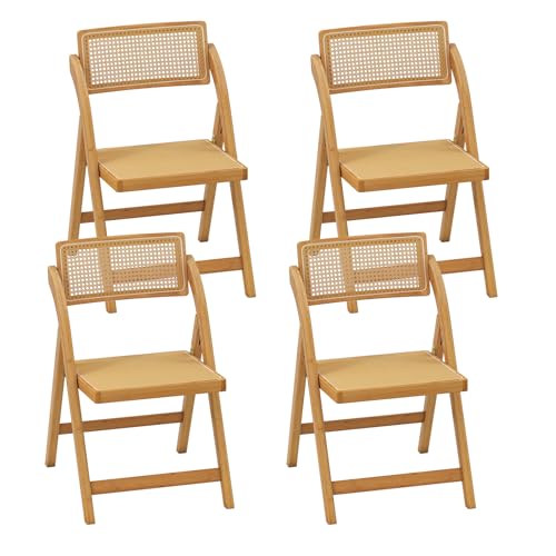 Giantex Rattan Folding Chairs Set of 4, Bamboo Dining Chairs with Rotatable Backrests, Max Load 330 lbs, Boho Kitchen Side Chair for Living Room, Restaurant, No Assembly, Natural