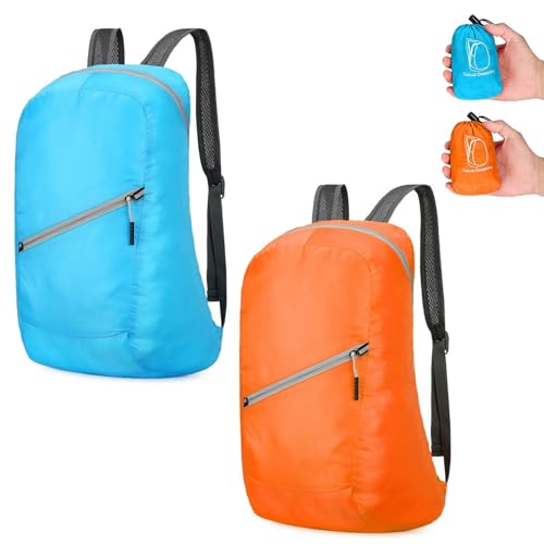 Risipu 2 Stück Faltbarer Rucksack für Herren und Damen, leicht, verstaubar, 20 l, wasserabweisend, Tagesrucksack für Outdoor-Sportausflüge, Wandern, Pendeln (2, Himmelblau, Orange)