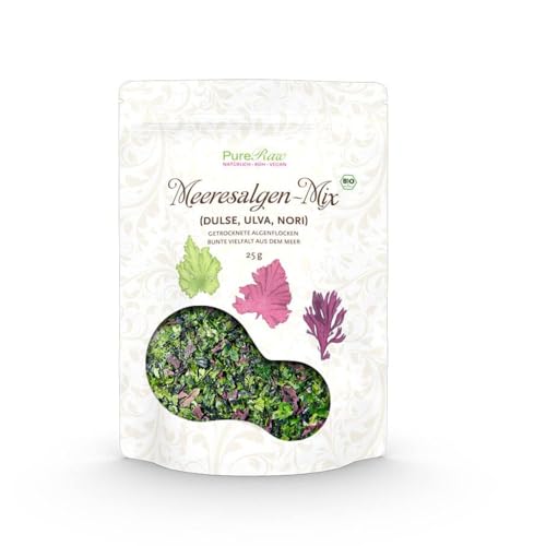 Meeresalgen-Mix Bio Algen-Flocken Getrocknet Atlantik - Dulse Ulva Meersalat Nori (Roh Vegan) Seetang Mischung Umami-Würze für Salat, Dashi, Salzersatz - Organic Raw Dried Seaweed Flakes I PureRaw 25g