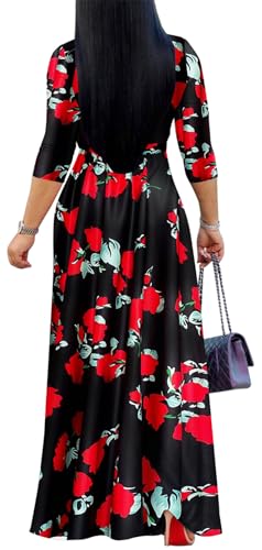 Image of Women's Floral Maxi Dress Summer Casual V-Neck 3 /4 Sleeve Long Bohemian Print Evening Party Dress