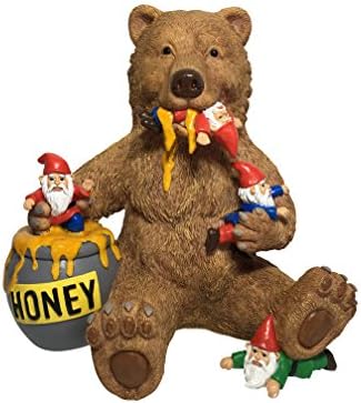 GlitZGlam Miniature Bear and Gnomes with Honey - A Garden Gnome Statue for Your Fairy Garden