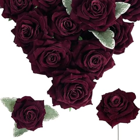 INSUNSIX Burgundy Roses 16pcs Artificial Velvet Roses Maroon Flowers 4.3" Burgundy Fake Flowers Dark Red Roses for Wedding Bouquet Flowers for Floral Centerpieces Home Party Decor (Burgundy) Cover