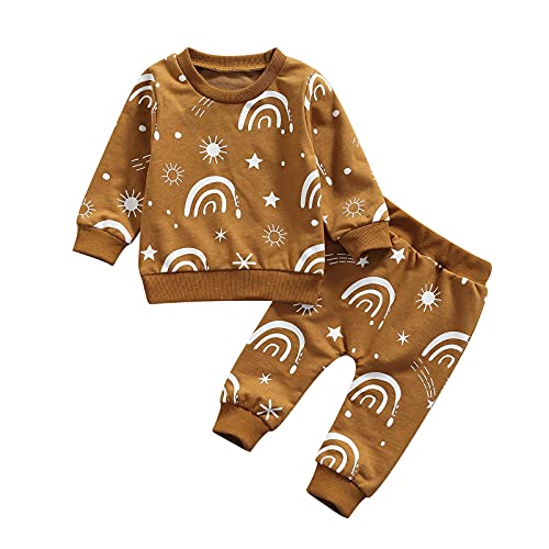Sun Print Newborn Baby Boy Fall Winter Clothes Long Sleeve Pullover Sweatshirts Tops & Pants Set Soft Sweatsuit Outfits (Sun Rainbow Khaki, 6-12 Months)