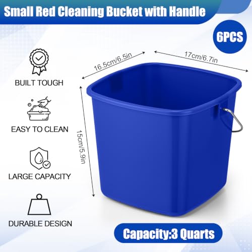 Image of Zhehao 6 Pcs 3 Quart Bucket for Cleaning Small Sanitizer Bucket for Restaurant Square Plastic Pail with Handles for Home, Offices, Commercial Use, Food Service(Red,Dark Blue)