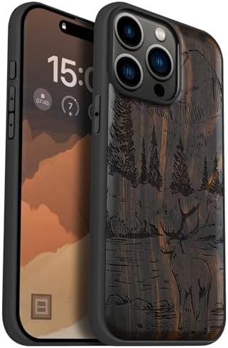 Carveit Magnetic Wooden Case For IPhone 15 Case, Compatible With MagSafe Wireless Chargers, Black Soft TPU Shockproof Cover & Wood Artisan Engraved (Viking Compass Vegvisir) - Cherry