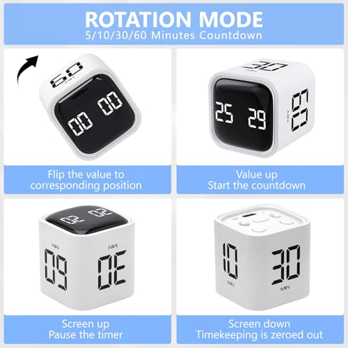 Image of Digital Cube Productivity Timer - Rotating Pomodoro Timer with Gravireceptor 5-10-30-60 Min Custom Countdown, Vibration & Adjustable Volume for Learning, Office, Kitchen, Desk, White