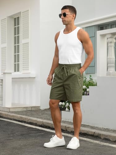 Image of RQP Mens Cotton Linen Shorts Casual Drawstring 7inch Inseam Shorts Stretch Summer Beach Wear