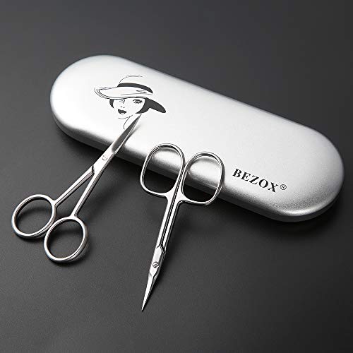 Bezox Small Scissors 2 Pcs Set - Nail Cuticle Scissors/Manicure Scissors Kit - Straight And Curved Blade Beauty Scissor For Beard/Mustache, Nose Hair, Ear Hair, Eyelashes And Eyebrow Trimming #TOP7
