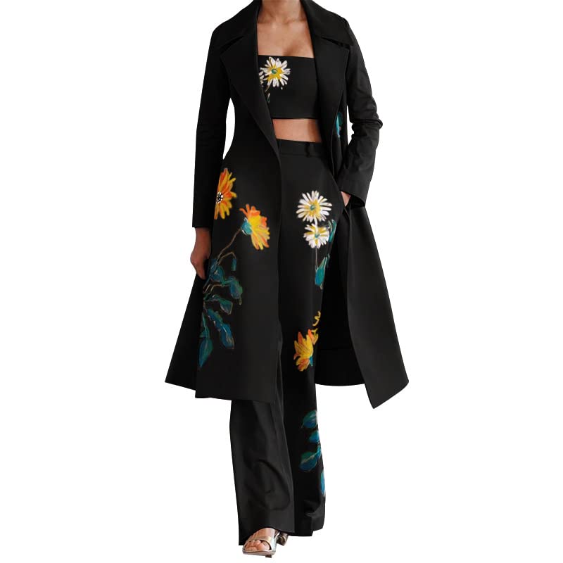 quecy Women's Fashion Printed Long Trench Coat Street Style Three-Piece Suit with Chest-Wrapped Bell-Bottom Pants Black-picture-48