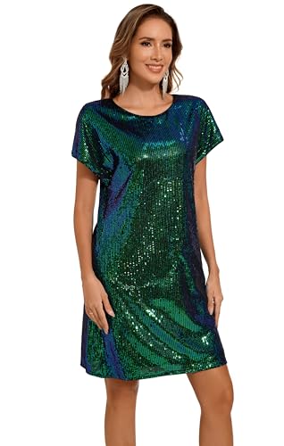 Image of Women's Crewneck Sequin Shift Dress Short Sleeve Casual Holiday Sparkly Party Dress