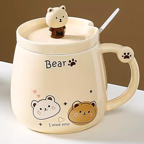 Image of BonZeal 3D Teddy Bear Mug with Lid & Spoon, 380 ML Ceramic Coffee Mug Cup | Cute Birthday Gift for Girls Women, Return Birthday Gift, Rakhi Gift for Brother | Panda Mug Style Mugs for Coffee Unicorn