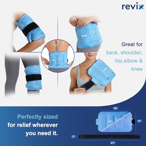 Image of REVIX Ice Pack for Injuries Reusable Gel for Lower Back & Shoulder, Blue | 16x9in Full Coverage for Lower Back, Shoulder, Hip & Knee, Cold Compress Therapy, Hands-free Strap, Long-lasting Gel