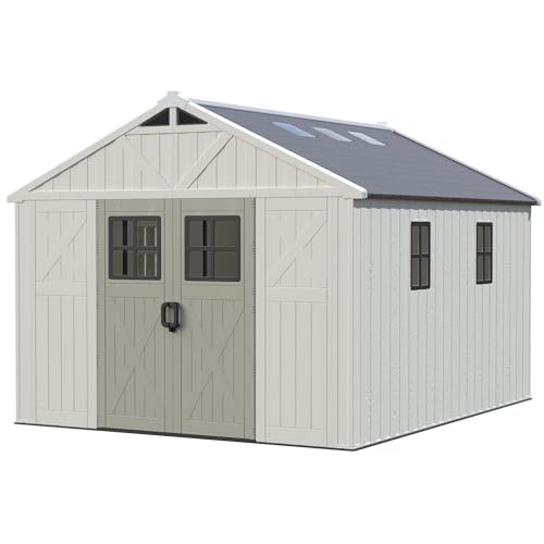 Image of Greesum 10x12FT Resin Outdoor Storage Shed with Floor, Plastic Sheds, Beige | Easy to Assemble Kick-it Shed| Eco-Friendly HDPE Material| Lockable Doors with 5-Windows & Multiple Skylights