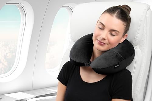 Brookstone Microbead Travel Head and Neck Pillow Lightweight and Plush with Phone or Headphone Pocket, Black