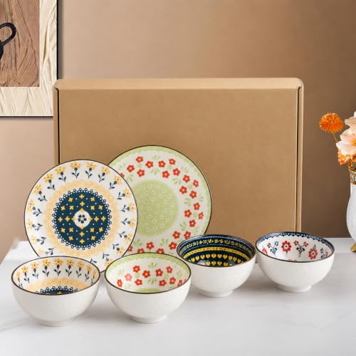 Image of 6-Piece Ceramic Dinner Set, 2 Plates & 4 Bowls, Microwave Safe, Dishwasher Safe, Floral Dinnerware (Bohemian Garden Collection, 2 Plate & 4 Bowl Set)