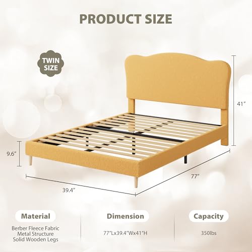 GarveeHome Upholstered Twin Size Bed Frame for Kids with Scallop Headboard, Cute Velvet Twin Bed for Girls, Boys, Sturdy Platform Bed, No Box Spring Needed, Wooden Slats, Noise Free, Yellow