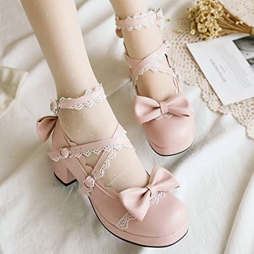 Luxmax Women Cosplay Shoes Cross Strap Block Heel Mary Jane Lace Pumps, Size 7 M Us,Pink #TOP4