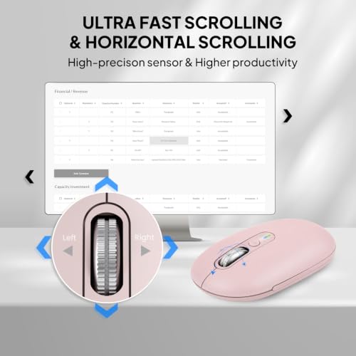 Image of Wireless Bluetooth Mouse,USB+BTx2,Slim Pebble Multi Device Small Travel Mice,Metal 4 Way Super Scrolling,± 3000 DPI,Quiet,Portable,Long Battery for Laptop,Computer,Tablet,Mac,iPad,PC,Phone (Pink)