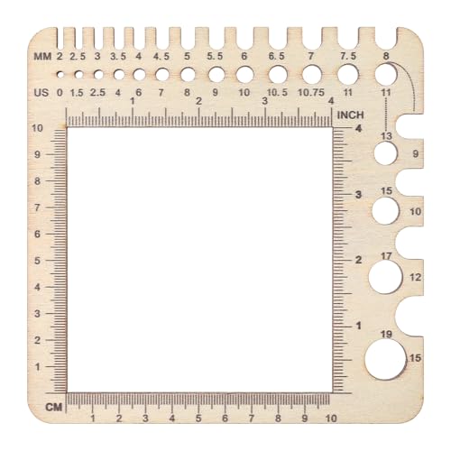 MBAIYO 1 Pcs Wooden Knitting Crochet Gauge Ruler, Boxwood Needle Sizer Stitch Counter Spinner Yarn Measure Tool with Circular Ruler & Rectangle Sizer for Craft (15cm/5.9inch)