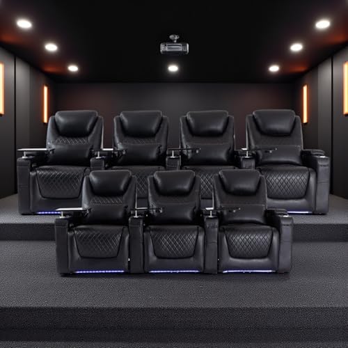 Airadlis Home Theater Seating Seats, Theater Recliner Chair Sofa Game Movie Theater Chairs with 7 Colors Ambient Lighting, Lumbar Pillow, Side Pocket, Tray Table, Power Recline, Black