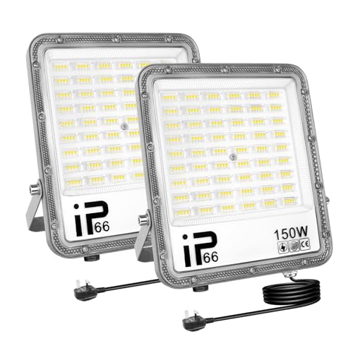 AUXTINGS 2 Pcs 150W Focos LED Exterior con Enchufe, IP66 Impermeable Foco Proyector LED 6000K Blanco Frío Floodlight 15000lm Iluminación de Seguridad para Casa, Garaje, Patio, Terraza, Campo
