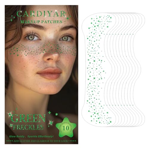 Image of Glitter Freckles, 24PCS Glitter Freckles Face Tattoo, Sparkle Freckles for Women, Waterproof Gold Temporary Face Tattoos Glitter Glow Up Patches Makeup Patches Festival (Green 10pcs)