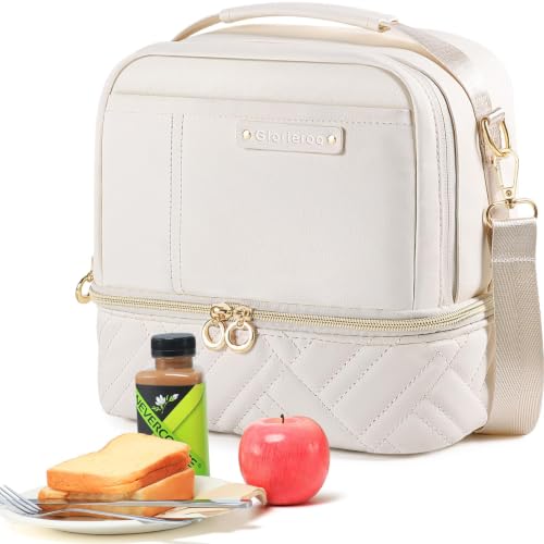 GLORIEROO Lunch Box Bag Women Girls - Double Deck Vegan Leather Insulated Waterproof Leakproof Cooler for Work Travel Picnics - Back to School Teacher Mothers Day Christmas Birthday Gifts
