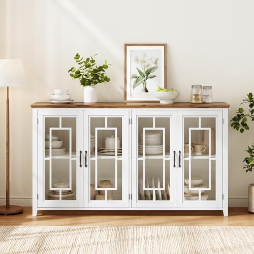 Easexcy Aparador de cocina de 160 cm de ancho con puertas de cristal, un espacioso compartimento de almacenamiento, este moderno aparador es ideal para cocinas, comedores y salas de estar (blanco)