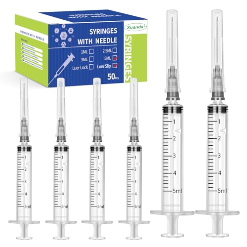 Xuanda 5ml/cc Syringes with Needle Individually Wrapped for Industrial, Scientific, Measuring, Pet Feeding (50 Pack)